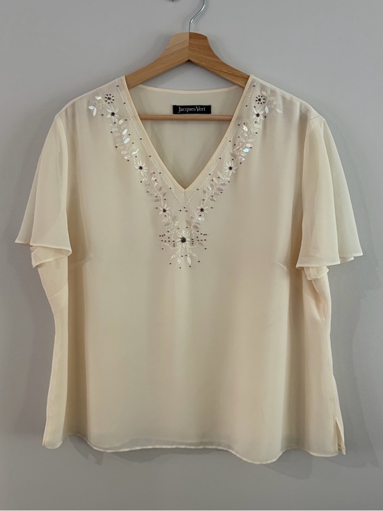 Jacques Vert Tops - Jacques Vert Cream V-Neck Embellished Flutter Sleeve Blouse